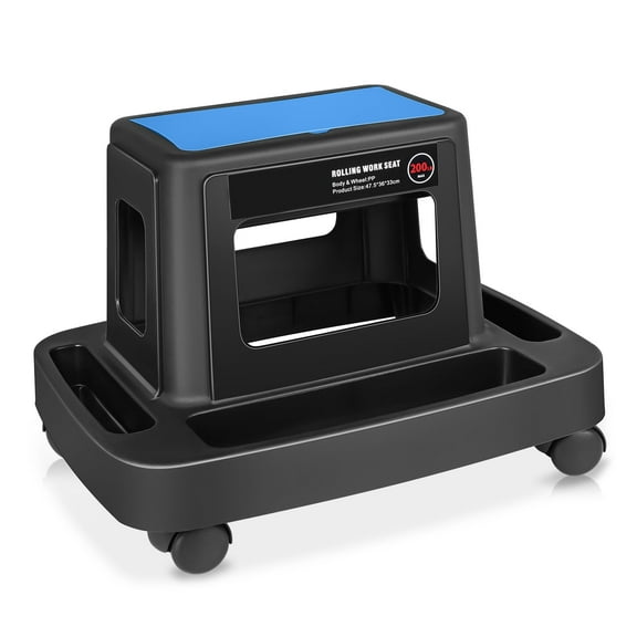 Mobile Plastic Tool Seat Rolling Garage Work Stool with Under-Seat Storage & Tray for Workshop Auto Repair Shop, Blue/Black