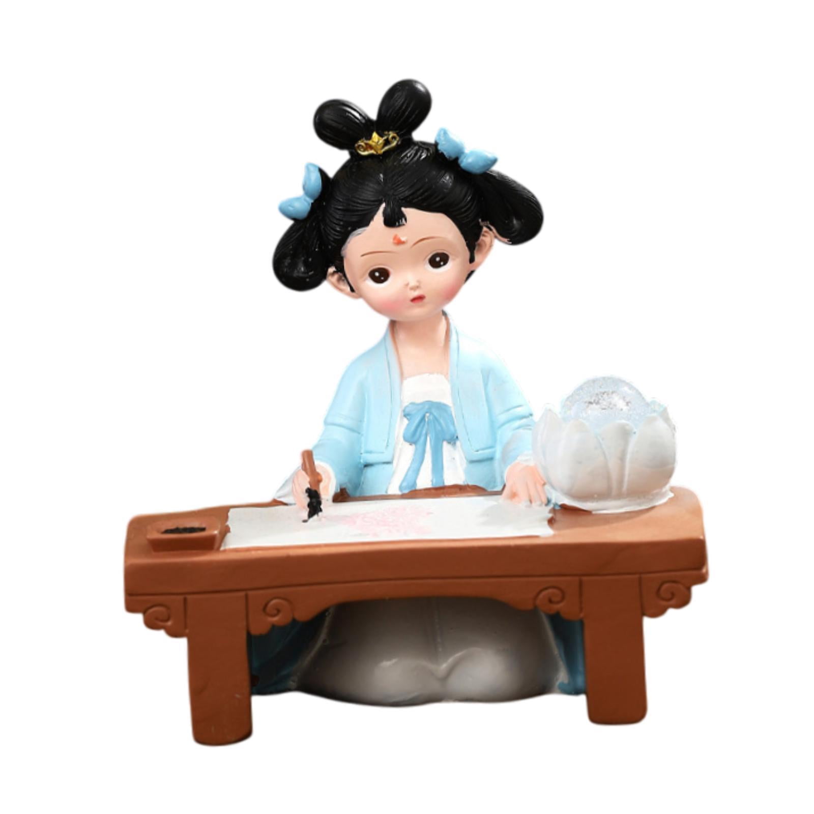 Esquirla Girl Resin Statue Figurine with Light Folk Ethnic Decoration,Miniature Traditional Chinese Ancient for Store Cabinet New Year Blue