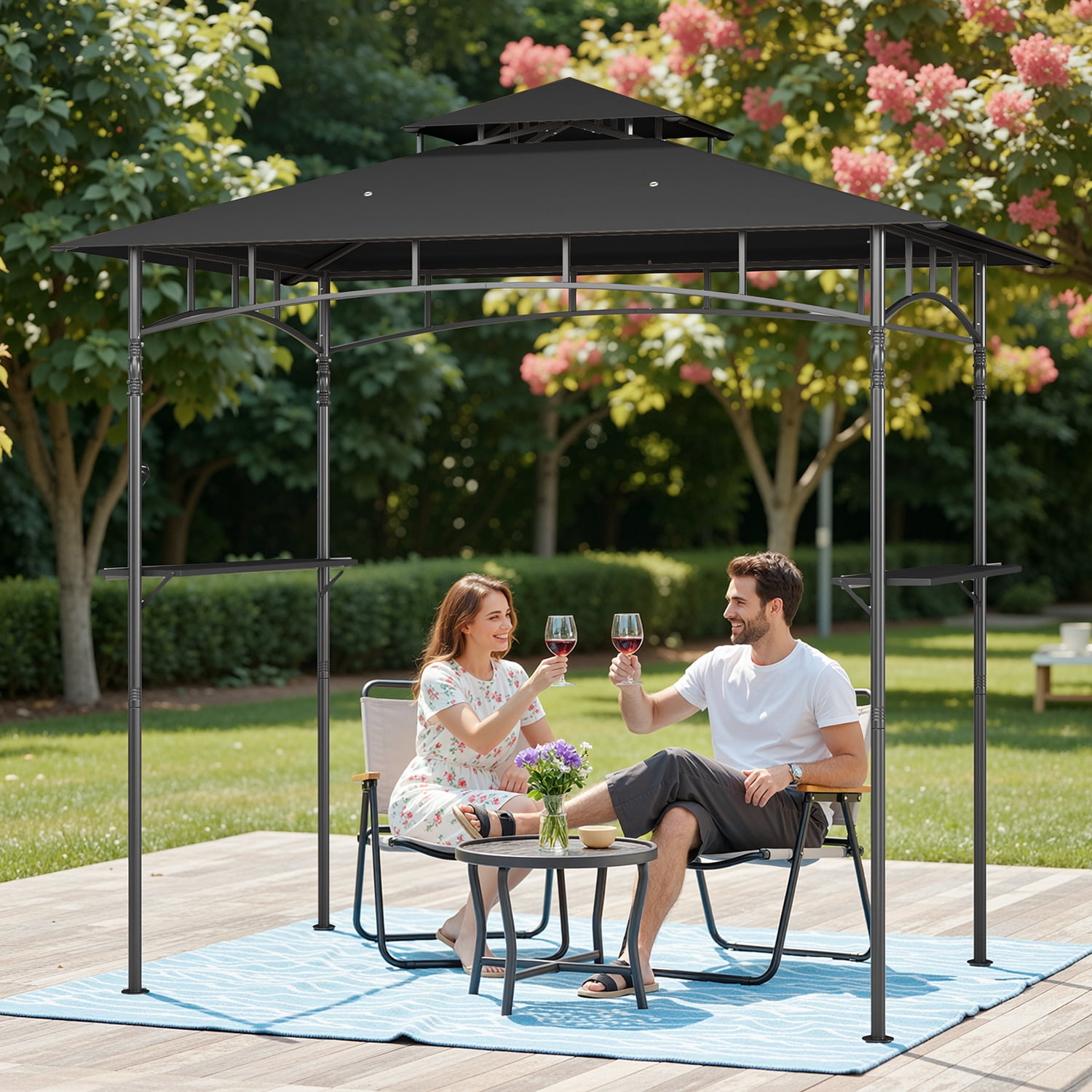8'x5' Grill Gazebo,Asofer Double Tier BBQ Canopy with Vented Top, Outdoor Steel Frame Shelters with Shelves and Hooks for Backyard Patio,Dark Gray