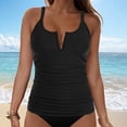 thumbnail image 2 of Women One Piece Swimsuit Solid Color V-Neck Pleated Swimwear Padded Bathing Suit, 2 of 5