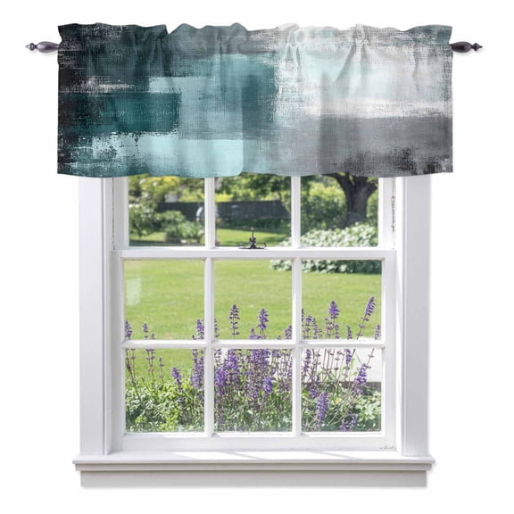Teal Gray Kitchen Curtain Valances for Windows Farmhouse Short Curtains, Modern Oil Painted Art Abstract Geometric Rod Pocket Valance Curtain for Bedroom Cafe Living Room 60"x18"