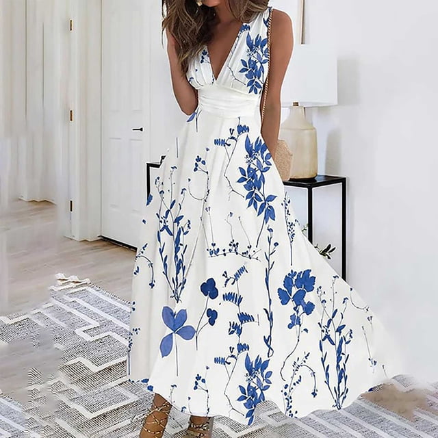 ICHUANYI Clearance Fashionable Women's Spring/Summer Printed Casual V-neck Sleeveless Long Skirt(Blue, XXL) ICHUANYI WER2023080916863