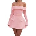 thumbnail image 1 of Robe Mini pour Femmes à Épaules Dénudées à Manches Longues Robe Trapèze Courte Robes Formelles Tenue de Fête Boîte de Nuit Rose m, 1 of 8