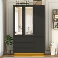 thumbnail image 3 of 75" Tall 3 Doors Armoire Wardrobe Closet with  3 Drawers and Mirror, Large Wardrobe Closet for Bedroom with LED Lights, Wooden Armoire Storage Cabinet with Hanging Rod, Adjustable shelves (Black), 3 of 10