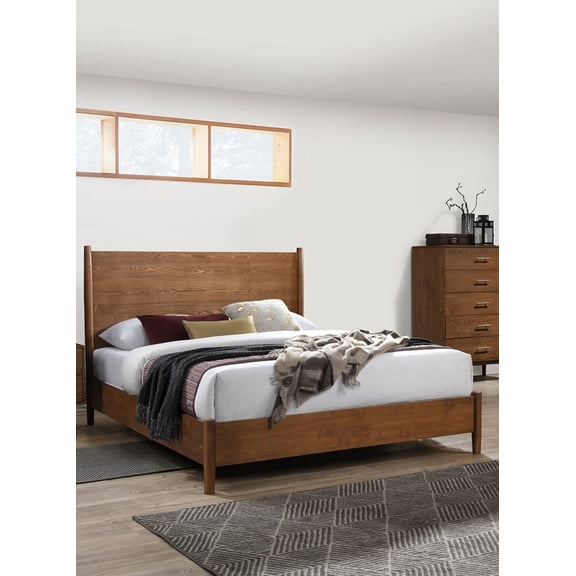 Bedroom Furniture 1pc Queen Size Bed Round Tapered Legs Panel Headboard Walnut Solidwood Mid-Century Modern Style