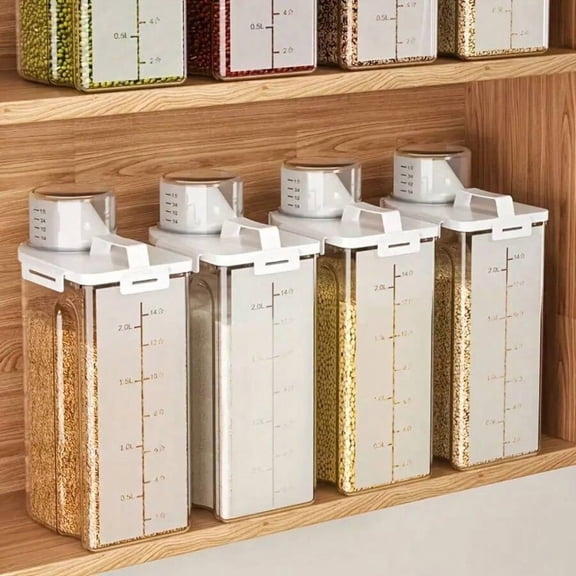 Rice Storage Container 4 Pack - Airtight Food Storage Containers with Measuring Cup and Pour Spout - 5 lb Flour Storage Container and Cereal Dispenser Set