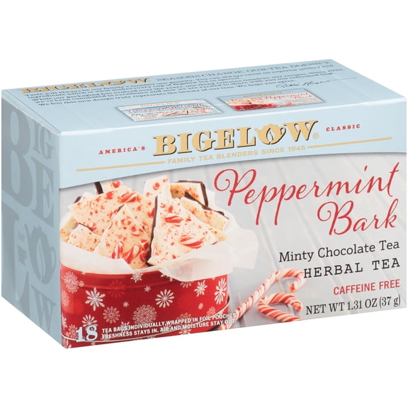 Bigelow Peppermint Bark Herbal Tea Bags, 18 Count Box (Pack Of 6) Caffeine Free Herbal Tea, 108 Tea Bags Total
