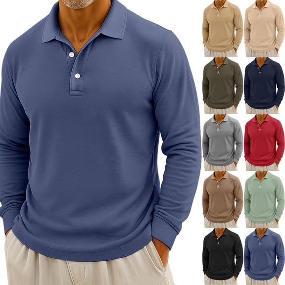 Men's Casual Solid Color Button Long Sleeve Polo Shirt, Henley Collar Sport Top for Gym, Casual Fridays and Everyday Comfort,Black,L