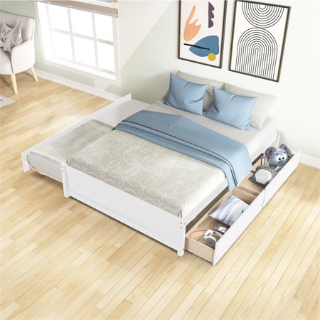 Platform Bed with Trundle  Full Size Solid Wood Platform Bed Frame with 2 Storage Drawers  Elegant Full Size Bed with Wood Slats Support for Kids Teens Bedroom  No Box Spring Needed  White