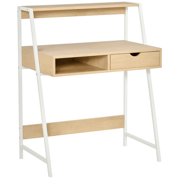 SSLZ Home Office desk, Computer Desk for Small Spaces, Study Table with Drawer and Storage Shelves, Natural