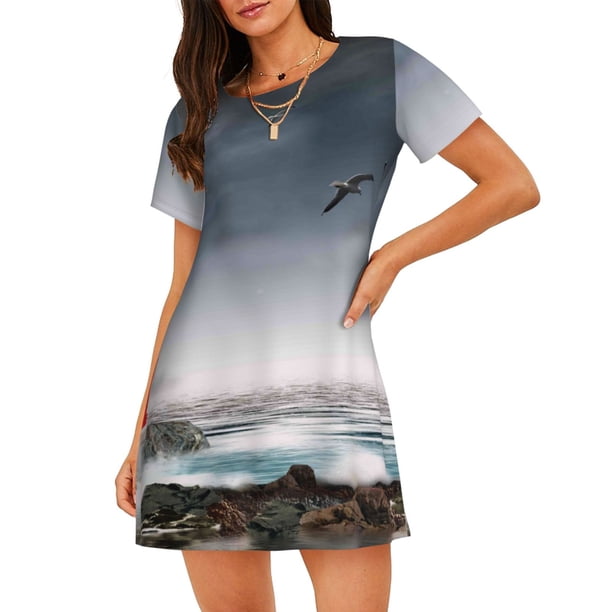 Balery 3d Lighthouse in the Surf Camisón de manga corta con cuello redondo para mujer, cómodo y elegante.