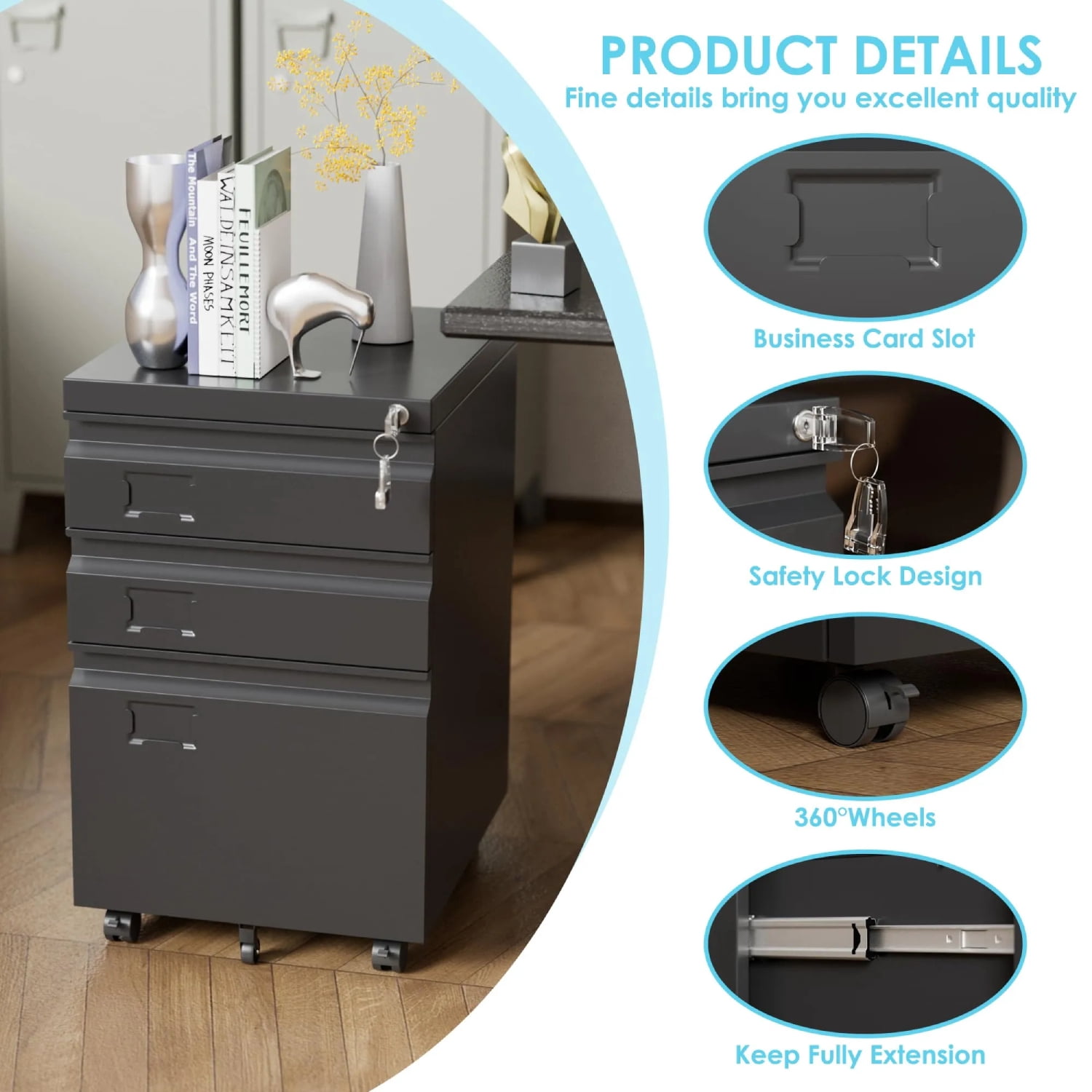 3 Drawer File Cabinet with Lock, Heavy Duty Metal Mobile Filing Cabinet for Home Office, Under Desk Storage with Name Holder, Fits Legal/Letter/A4
