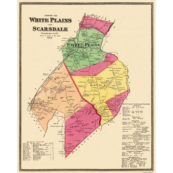 Historic City Map - White Plains Scarsdale New York - Beers 1868 - 23 x 28.69 - Vintage Wall Art