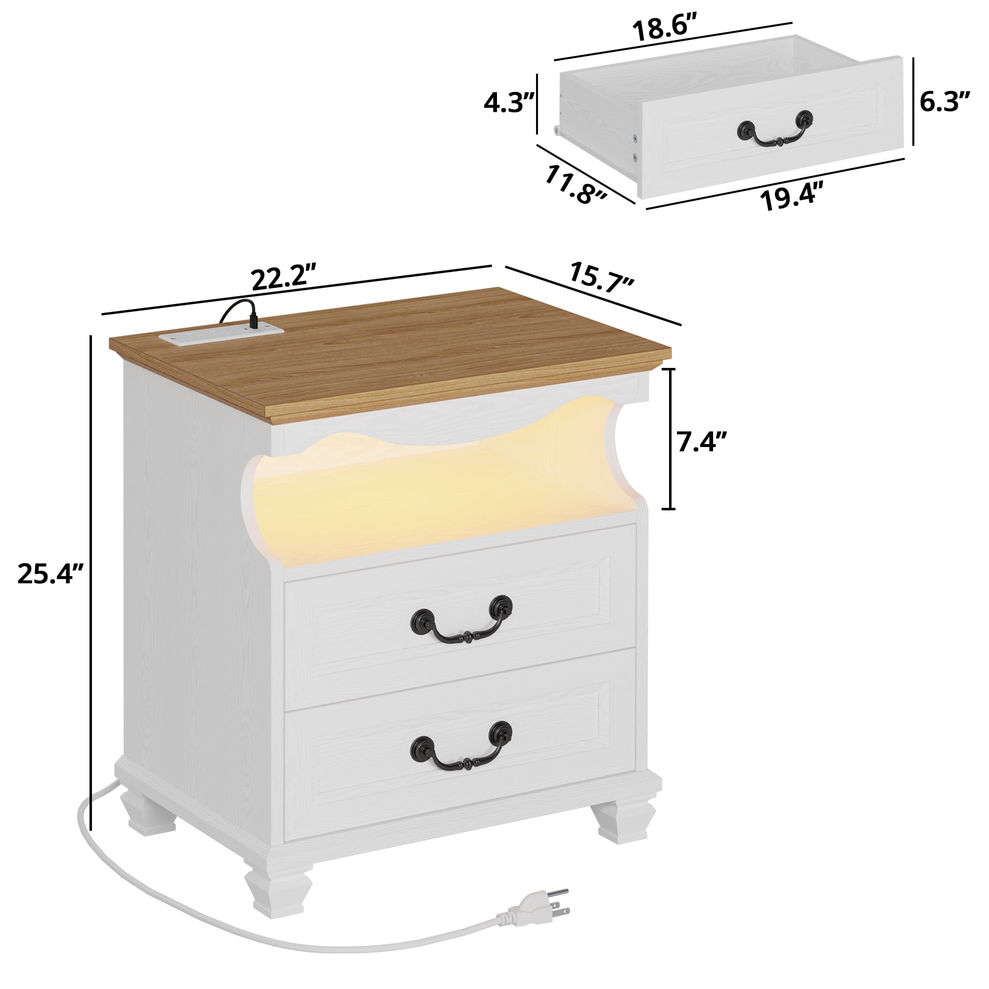 LIKIMIO Farmhouse 2 Drawers Nightstand with Charging Station, LED  Lights，Wood Modern Beside Tables for Bedroom and Living Room, White