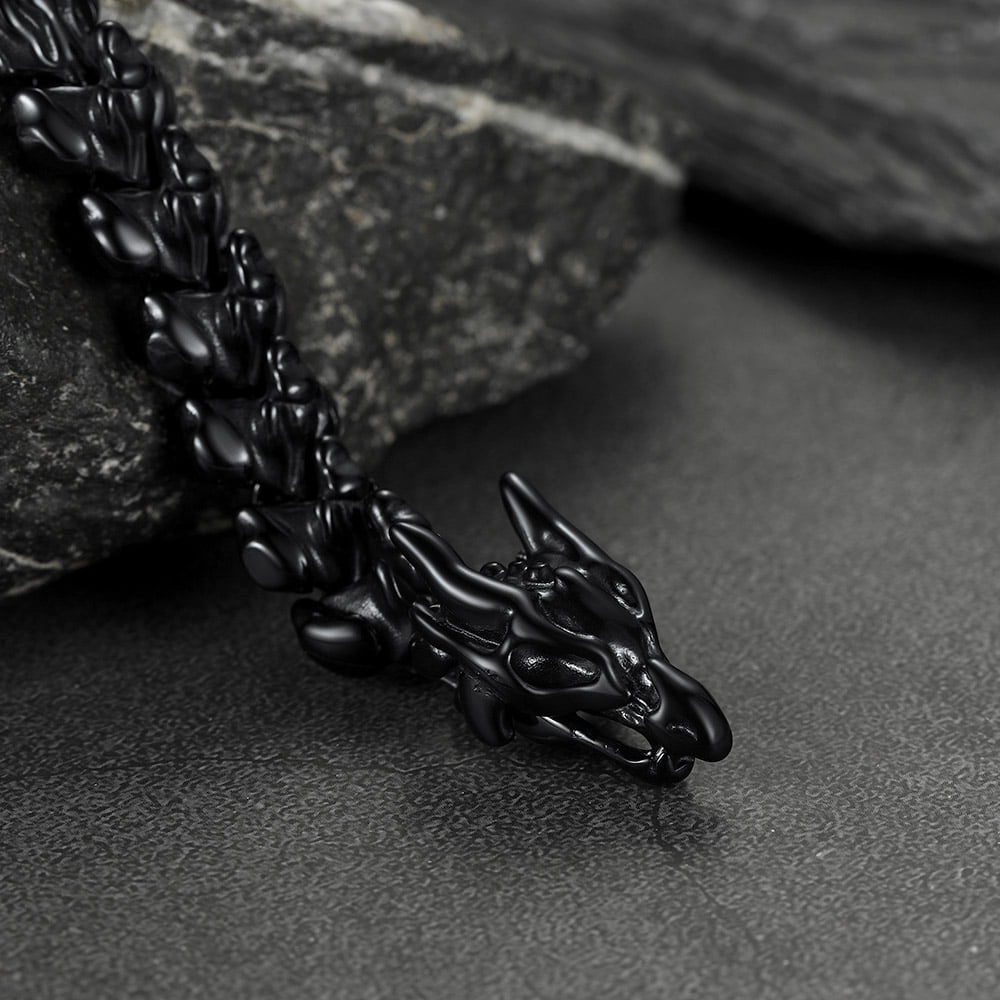 FaithHeart Viking Dragon Bracelet for Men with Always Remember Card, Vintage Black Stainless Steel Gothic Curb Link Chain Bracelet Fahion Hippop Jewelry Gift for Friends Thanksgiving 23MM