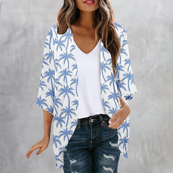 Maqroz Chiffon Cardigan for Women Floral Print 3/4 Sleeve Kimono Cardigan Sun Protect Casual Loose Cover Up Lightweight Elegant Summer Tops