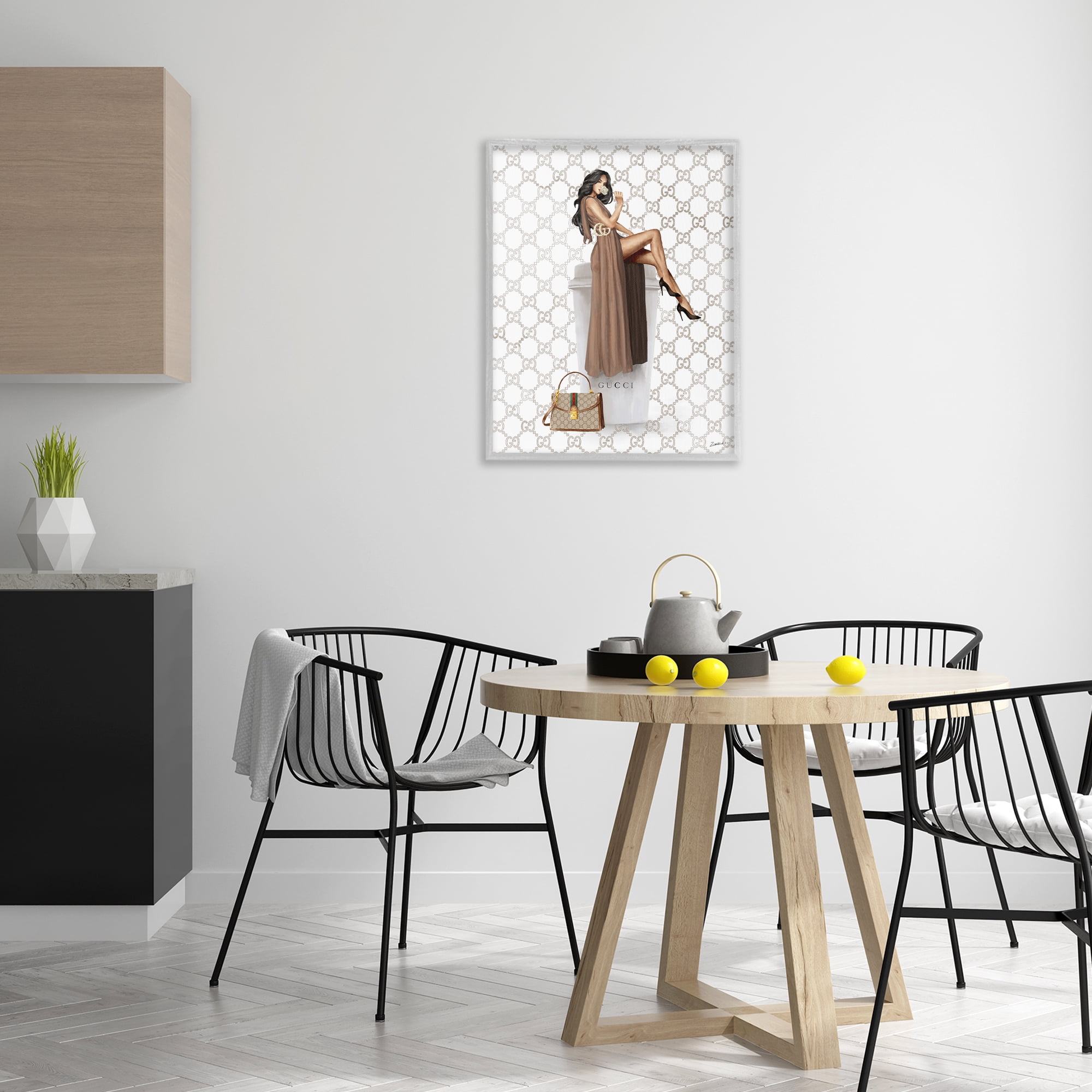 Stupell Industries Chic Woman & Coffee Beauty & Fashion Painting Gray Framed Art Print Wall Art, 24 x 30