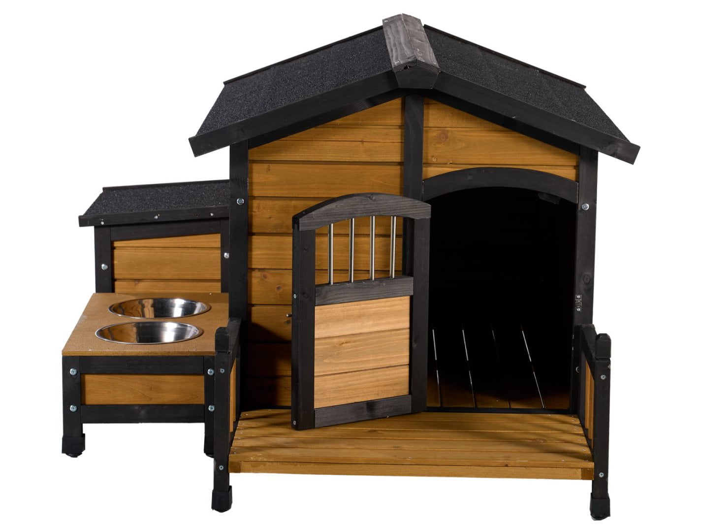 Large Wooden Dog House with Storage Box and Feeding Station, Outdoor Pet Kennel with Asphalt Roof, Porch, and Lockable Door Weatherproof Fir Wood Dog Home for Small to Medium Dogs