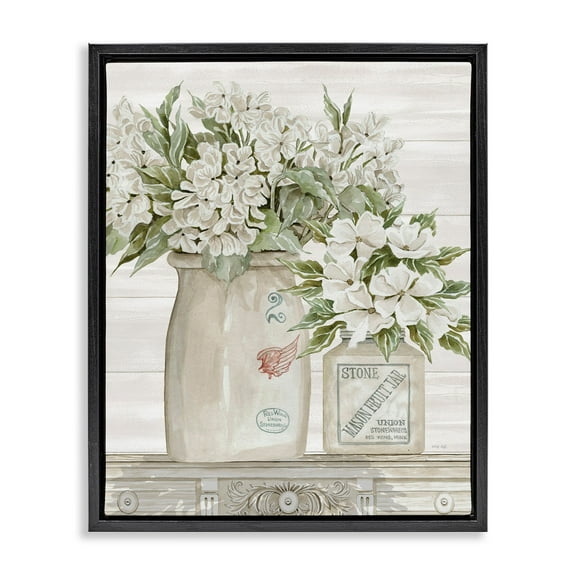 Stupell Industries Alluring White Florals Classic Country Ceramic Jars Jet Black Framed Floating Canvas Wall Art, 16x20, by Cindy Jacobs
