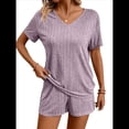 thumbnail image 1 of Conjunto de Pijama de Dos Piezas para Mujer, con Camiseta de Corta y Pantalones Cortos, de Punto Acanalado. Púrpura S, 1 of 7