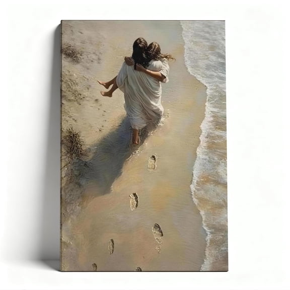 Beach Carry Canvas Wall Art, Emotional Coastal Decor, Realistic Figurative Artwork For Living Room, Ready To Hang