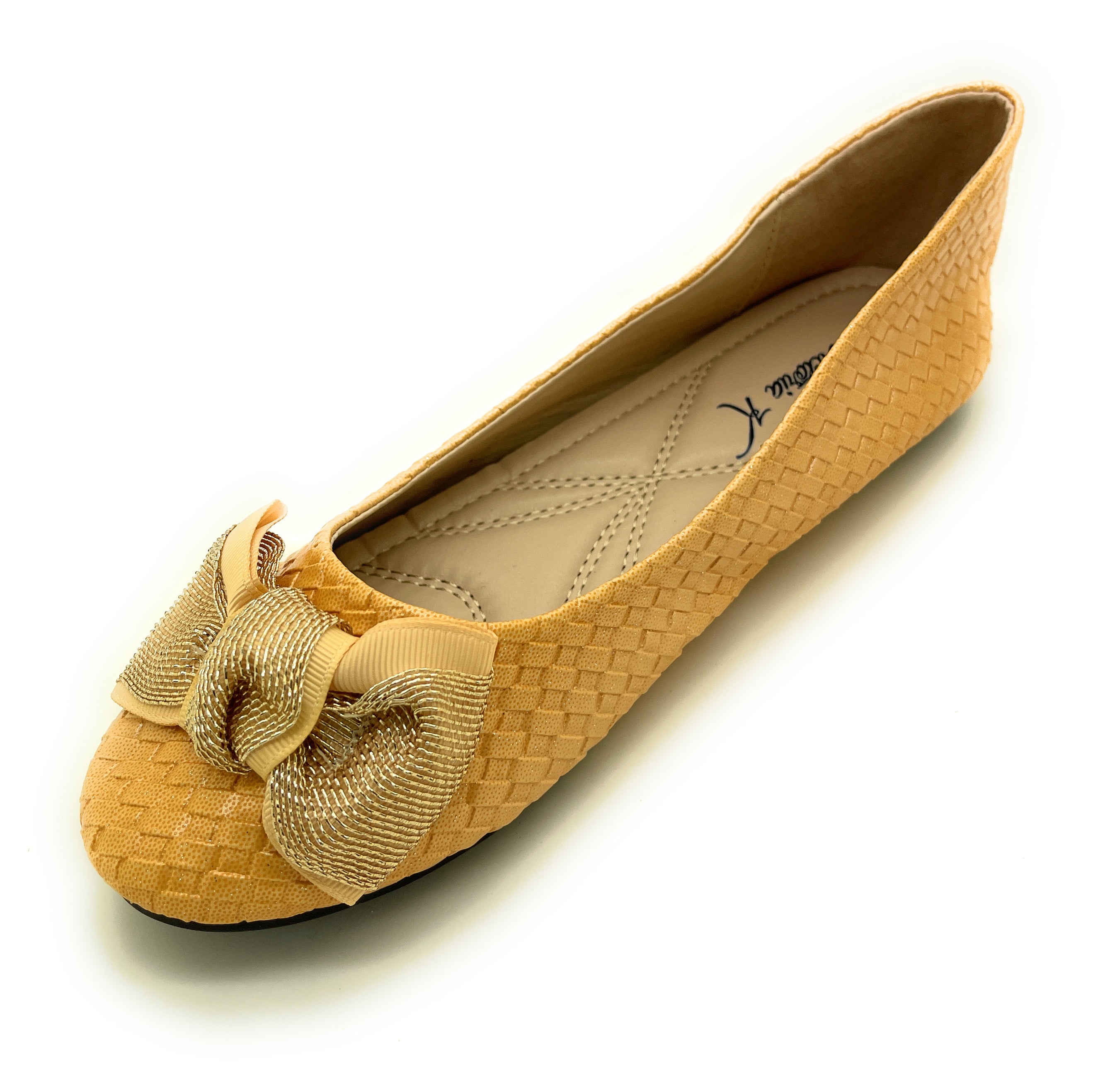 Elegant Women woven ballet flats with a chic gold bow accent. Lightweight, comfy, and versatile—perfect for work, casual outings, or evenings, blending timeless style with modern charm.