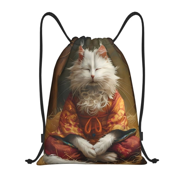 Saiise Haystack Meditating Cat Pattern Sports Drawstring Backpack - String Swim Gym Bag with Wet Proof Pocket for Women&Men-Small