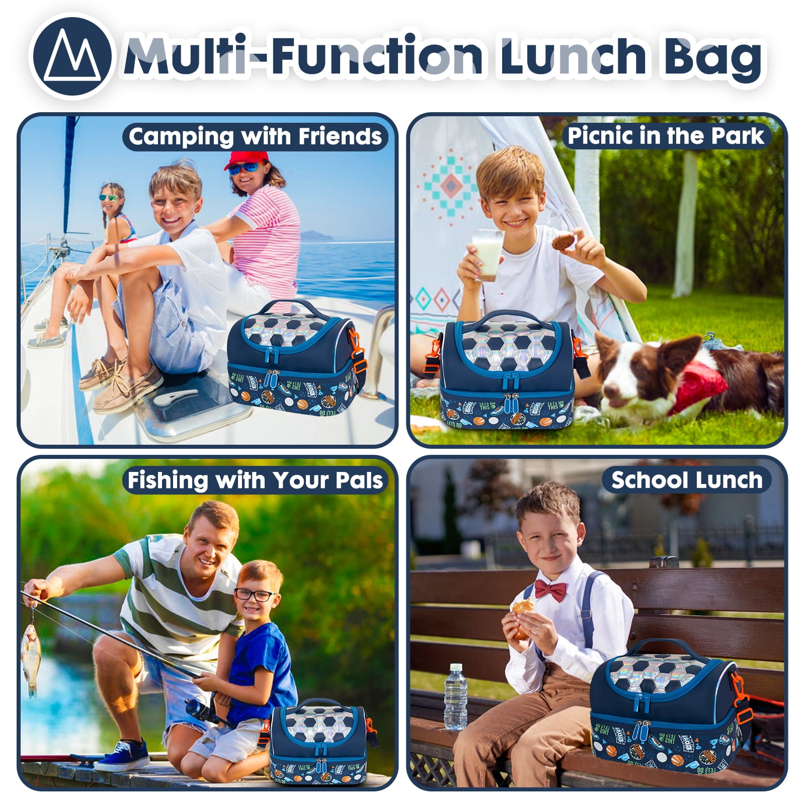 YOYTOO Insulated Lunch Bag, Double Deck Lunch Tote Bag Cooler Box with Adjustable Strap, Soccer
