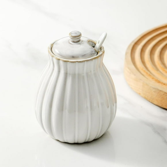 shiyou-Ceramic Sugar Bowl with Lid for Sea Salt, Spice and Sugar, Sugar Container with Lid and Spoon, White