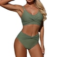 thumbnail image 2 of Mceream Fashion Women's Sleeveless Solid Bikini Swimsuit Push-Up Padded Swimwear Swimsuit Blouse Pants V-Neck Knot Front Two-Piece Sets Army Green L, 2 of 6