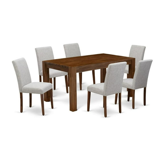 East West Furniture CNAB7-NN-35 7Pc Wood Dining Table Set Consists of a Wood Table and 6 Parsons Dining Room Chairs with Doeskin Color Linen Fabric, Medium Size Table with Full Back Chairs, Sand...