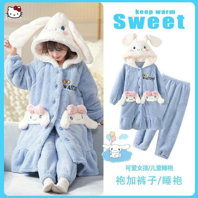 Pijama de felpa nuevo para padres e hijos de Hello Kitty Anime Sanrios Cinnamoroll Kuromi Otoño Invierno Albornoz cálido para niñas Ropa de casa