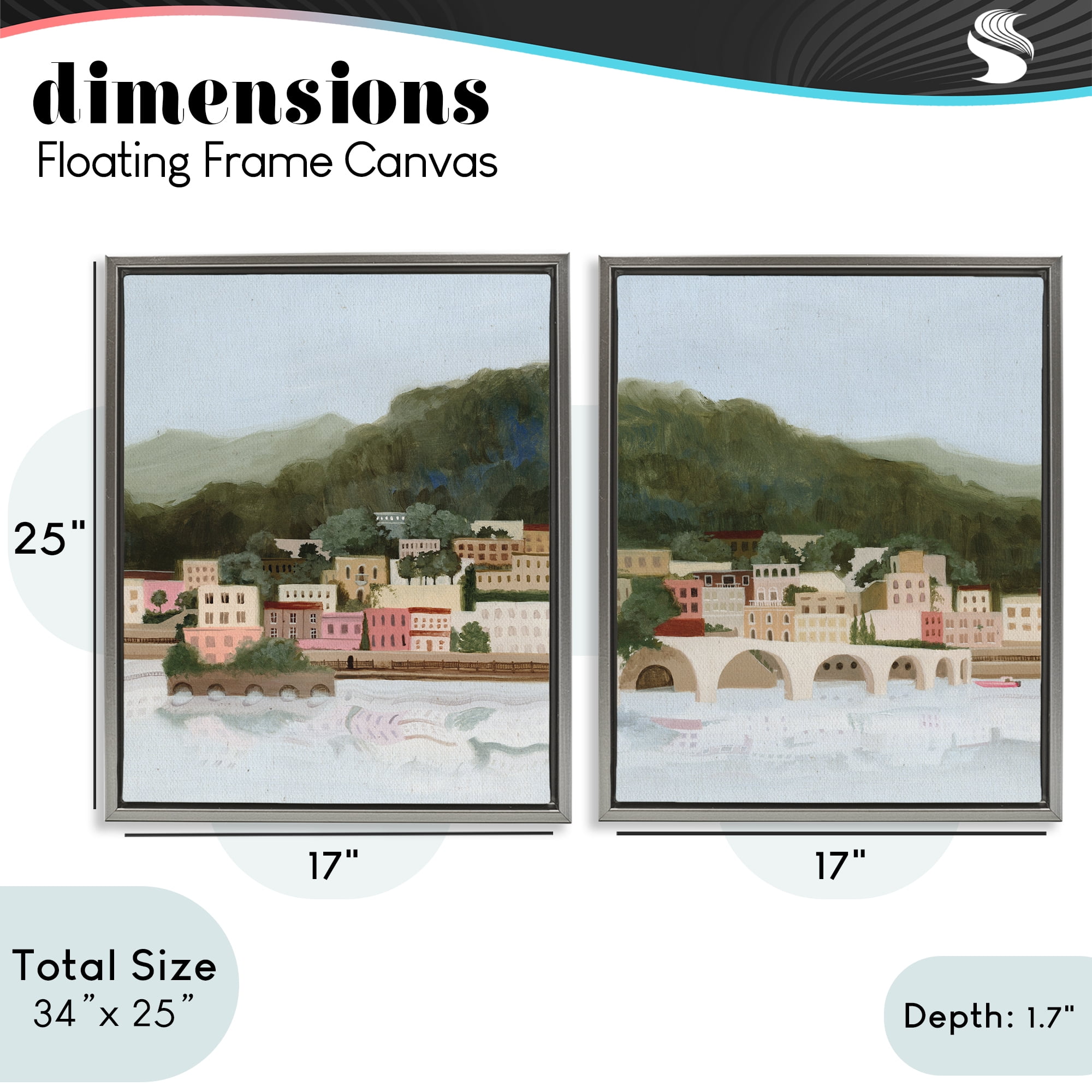 Stupell Industries Mountain Town by Sea 2 Piece Gray Framed Floater Canvas Set, design by Grace Popp