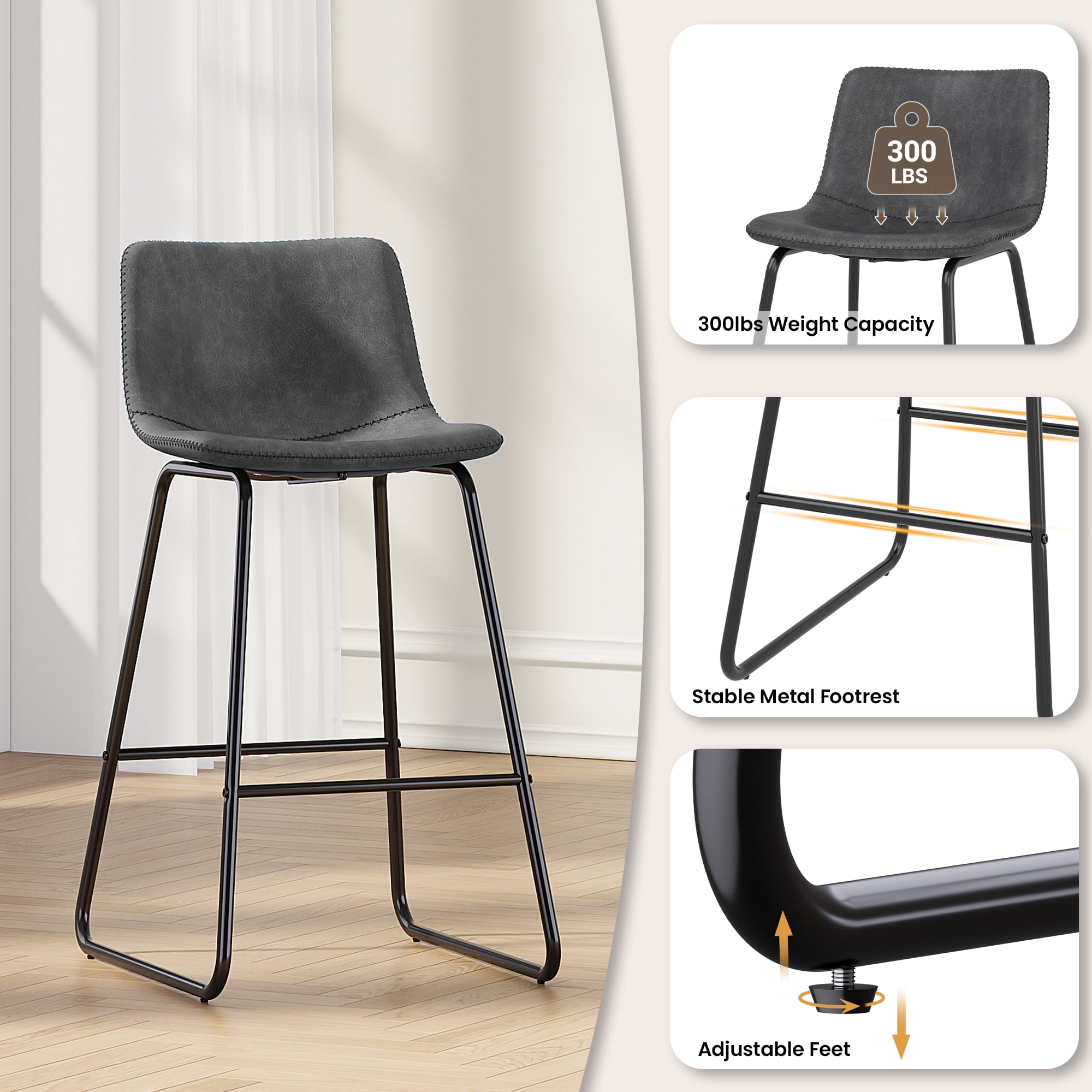 Aufeile 26" Counter Height Bar Stools Set of 2 – Modern Faux Leather Barstools with Back & Metal Legs, Kitchen Bar Chairs for Island, Dining Room, Gray