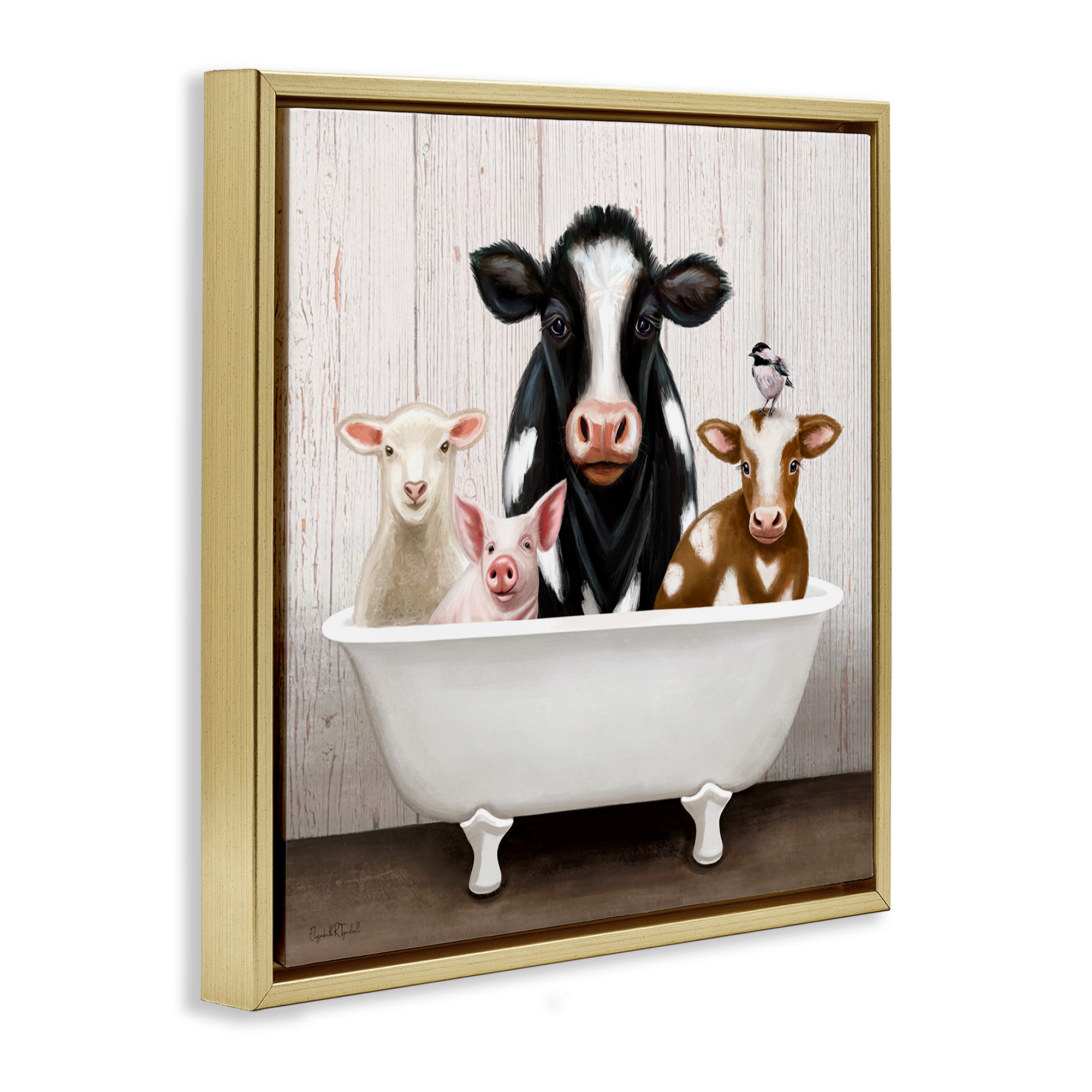Country Animals Farmhouse Claw Bathtub Gold Floating Frame Canvas Art, 18 x 18