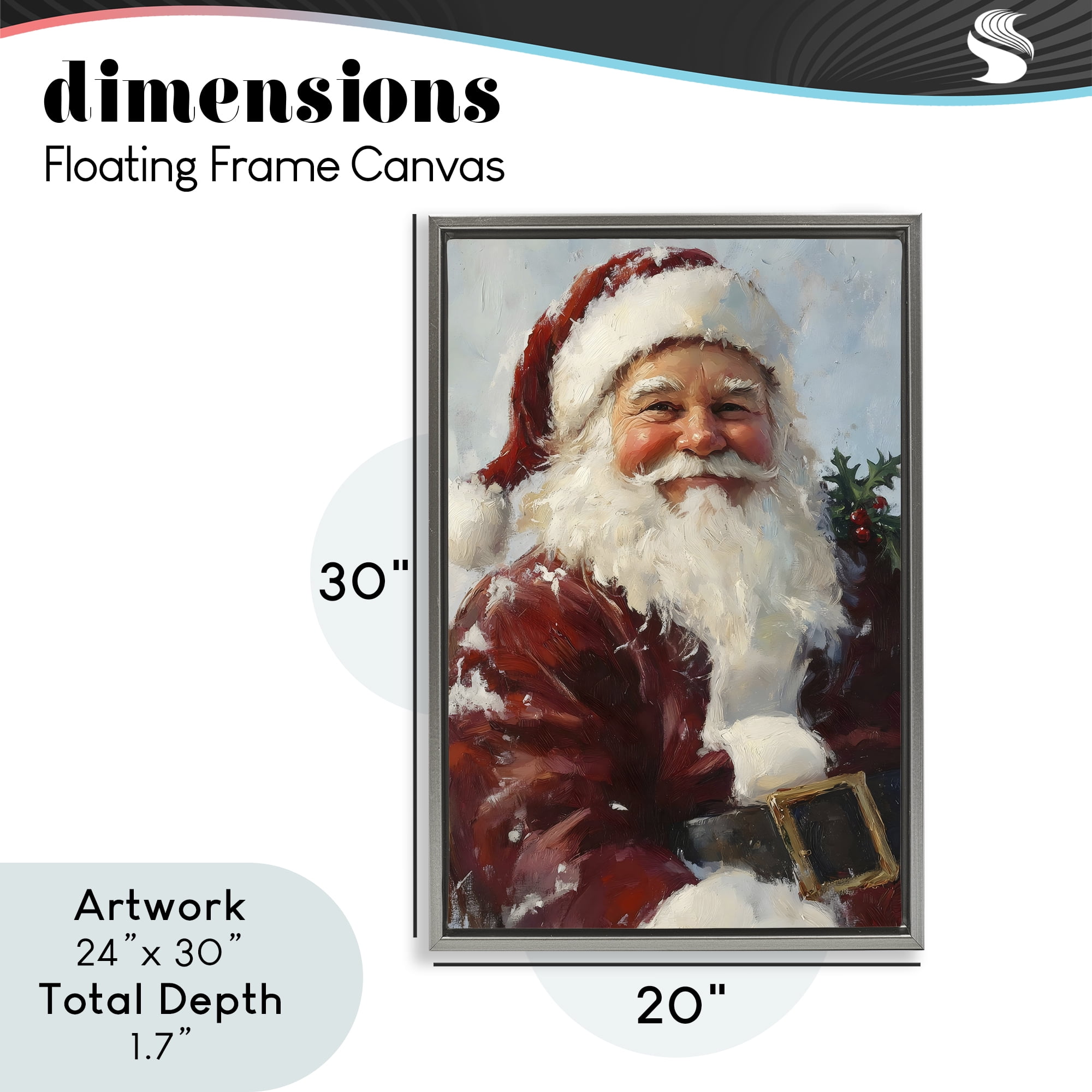 Rosy Cheeked Santa Smile Gray Framed Floater Canvas Wall Art, design by Petal Prints Design
