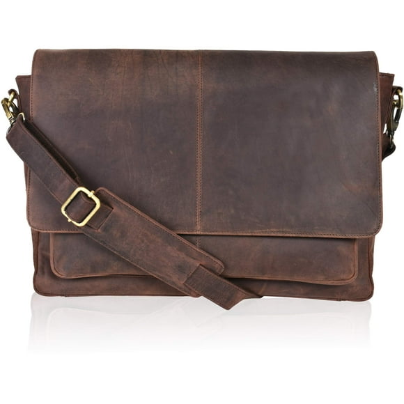 Oak Leathers Leather Messenger Bag for Men and Women - Laptop Briefcase Bag For College, Office, Adjustable Shoulder Strap (Wood)