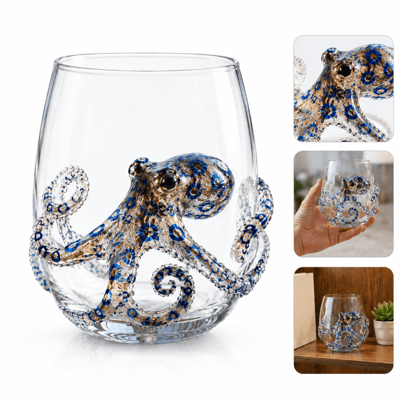 Blue Ringed Octopus Glassware, Kraken Octopus Sculpted Glass Tumbler, 3D Ocean Animal Artisan Glassware Collection for Drinks Home Bar