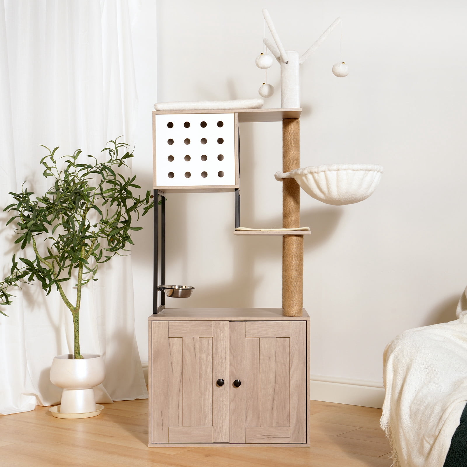 Cat Tree with Litter Box Enclosure, Modern 3-Tier Cat Tower Condo with Scratching Posts, Feeding Bowl and Removable Toys, Space-Saving Cat Furniture for Indoor Cats, Gray White