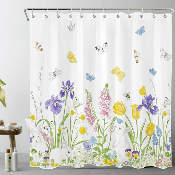 HVEST Purple and Yellow Floral Shower Curtain for Bathroom,Cute Rabbit and Butterfly Rustic Green Plant Fabric Shower Curtain with Hooks,Colorful Spring Easter Bathroom Curtains Shower Set, 69x70 inch