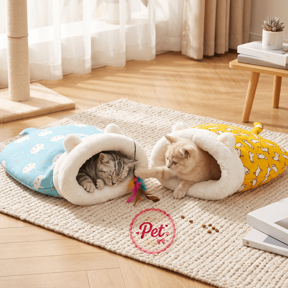 Semi-Enclosed Pet Sleeping Bag Bed for Cat Puppy, Non-Slip Bottom Warm Cute Pet Bed Blanket, Indoor Soft Plush Cozy Pet Nest, All Season Washable Easy Cleaning