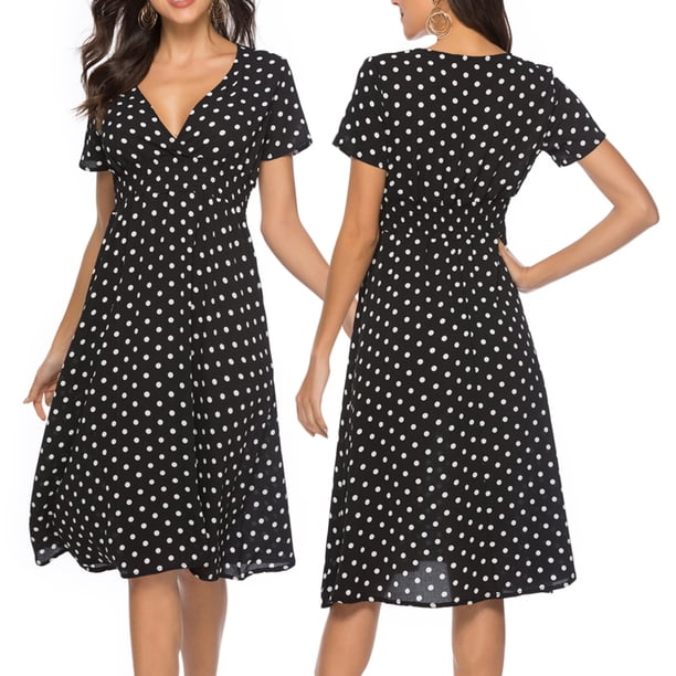 SAYOO Vestido con cuello en V para mujer con temperamento, falda a media pierna con dobladillo ancho y cintura elástica SAYOO Moda