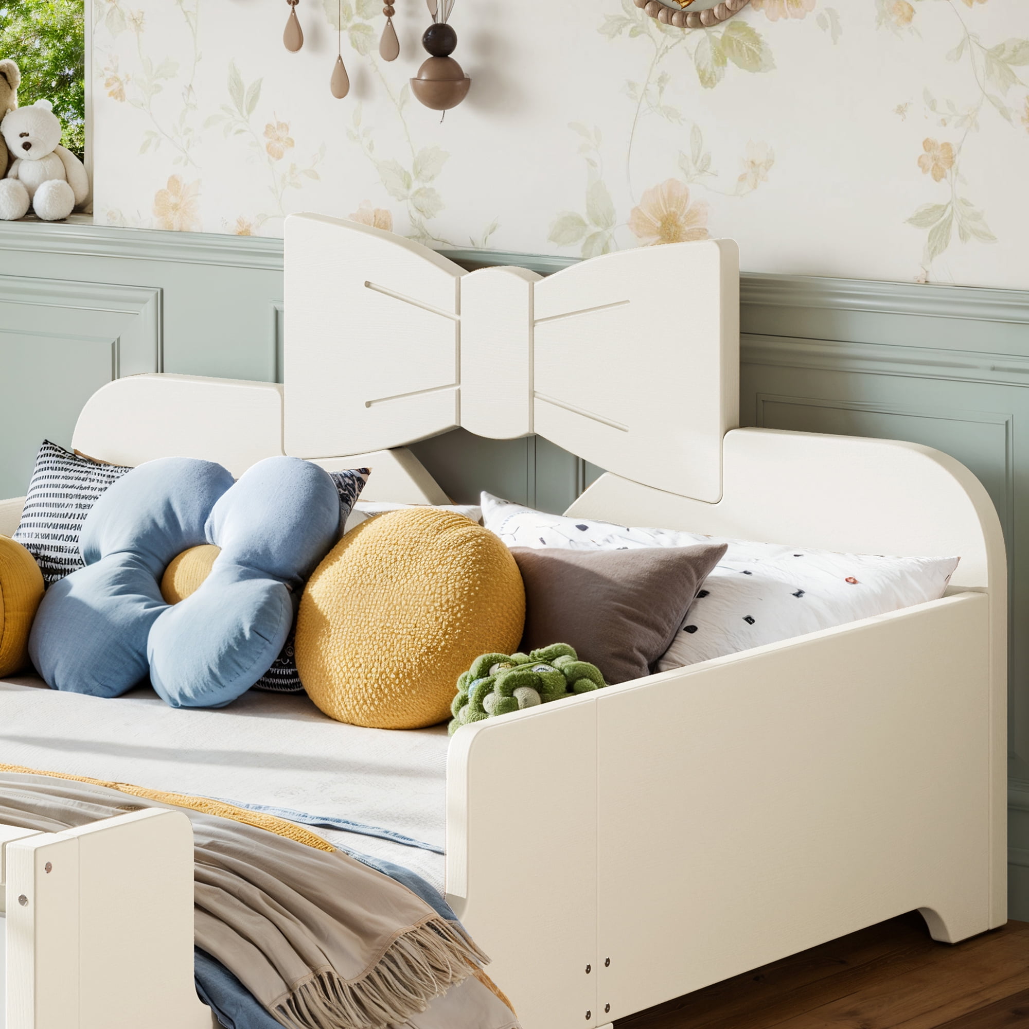 Leumius Full Platform Bed,Modern Wood Frame Bed with Full Surround Guardrails & Built-in Side Bookshelf for Kids Room,No Box Spring Needed,Beige