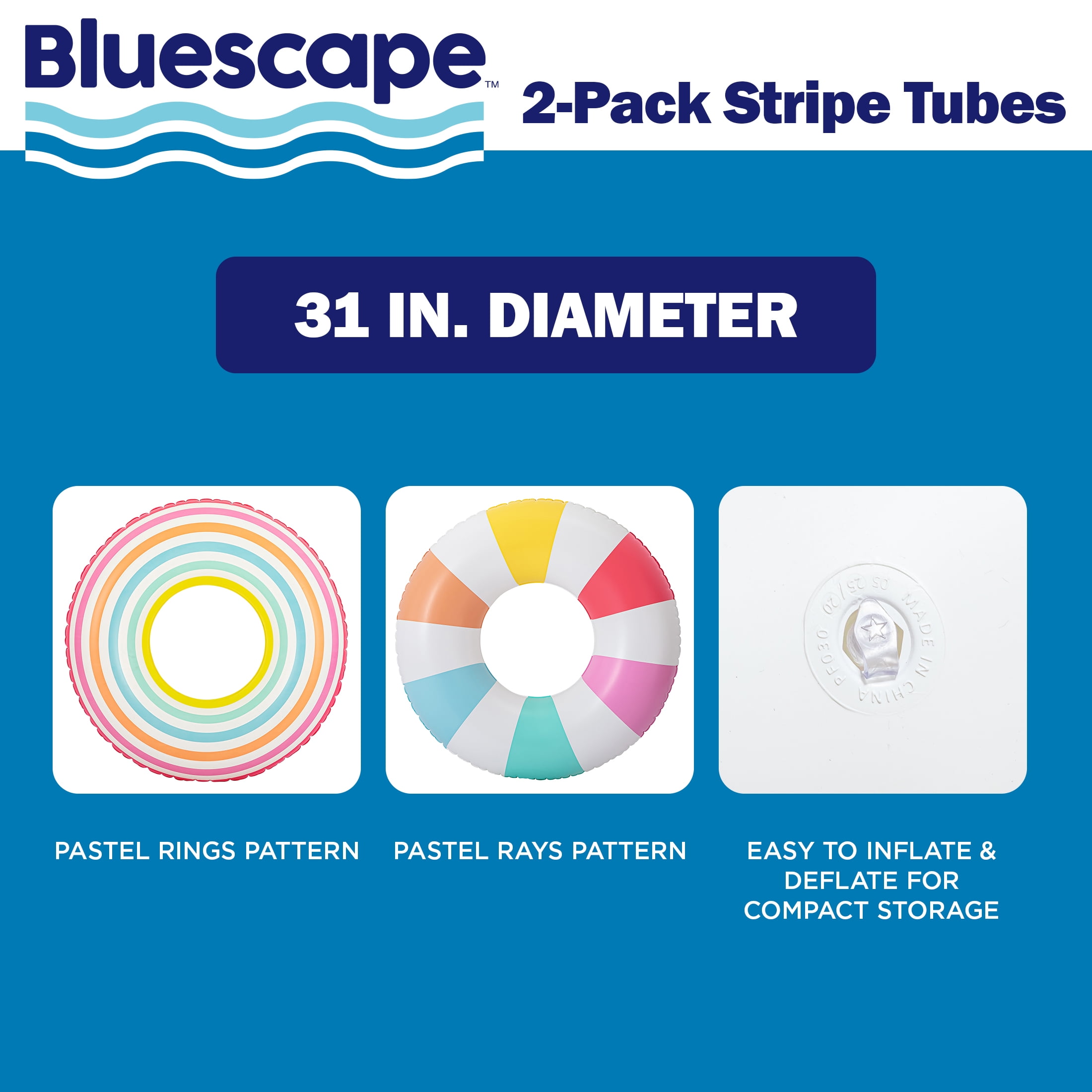 Bluescape Inflatable Stripe Swim Tube Pool Float 2-Pack, Multicolor Stripes, Age 9+
