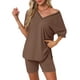 thumbnail image 1 of Pijamas para mujeres INSPIRE CHIC de 2 piezas, camiseta de cuello en V oversized, traje de entrenamiento reversible, camisetas, pantalones cortos de ciclista, conjunto de lounge XL color café, 1 of 5