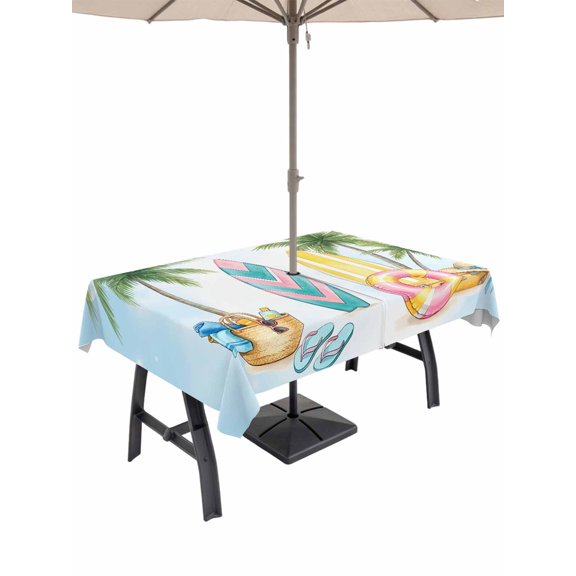 Outdoor Tablecloth with Umbrella Hole for Patio/Picnic/Party/Camping, Summer Beach Surfboard Waterproof Table Cloth Rectangle Table Cover Washable, Tropical Palm Tree Swimming Ring (60"x 102")
