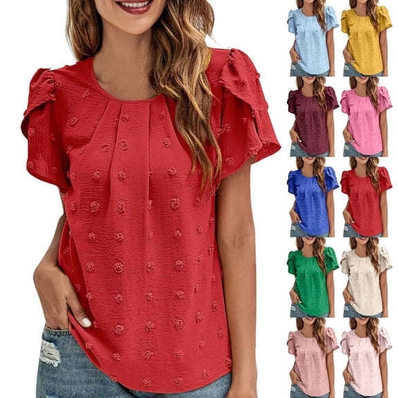 SXCXLSA Women's Tulip Sleeve Jacquard Top, Crewneck Casual Short Sleeve TShirt