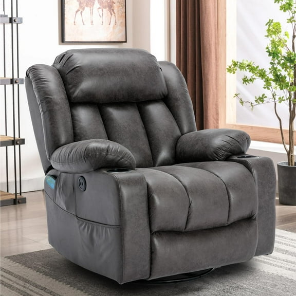 OUINCH Manual Swivel Glider Rocker Recliner Chair with Massage and Heat, USB Ports, Side Pockets and Cup Holders