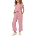 thumbnail image 3 of FRSASU Girls Summer 2 Piece Outfit Set Short Sleeve Henley Top and Drawstring Wide Leg Pants Solid Color Loungewear Pink-A, 3 of 9