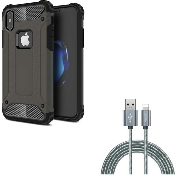 6ft USB Cable w Case for iPhone XS/X - Charger Cord Power Wire Braided Long, Hybrid Slim Fit Cover Reinforced Bumper Shock Absorbent for iPhone XS/X